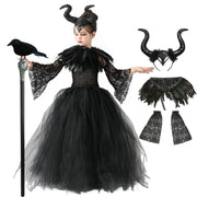 Halloween Maleficents Costume for Girls Evil Queen Dress Up Costumes Witch Devil Black Tulle Mesh Princess Dress Cosplay Clothes