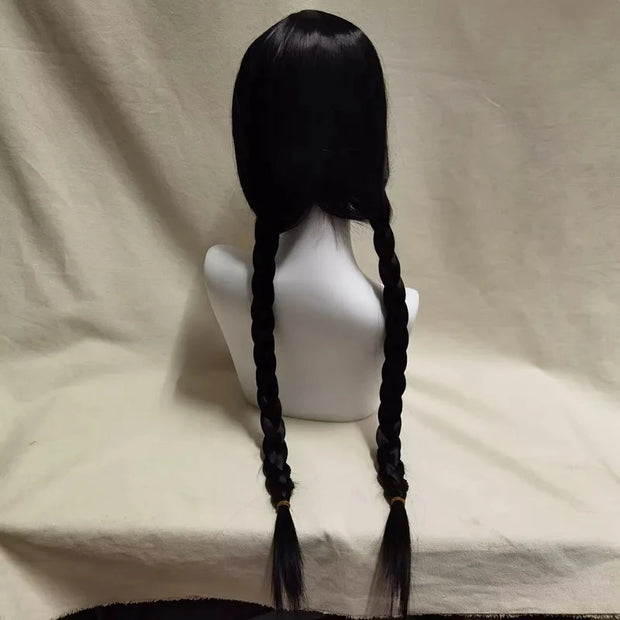 Addams Family Cosplay Wig Morticia Wendesday Wigs Black Long Straight Hair Heat Resistant Synthetic Halloween Party Woman Wigs