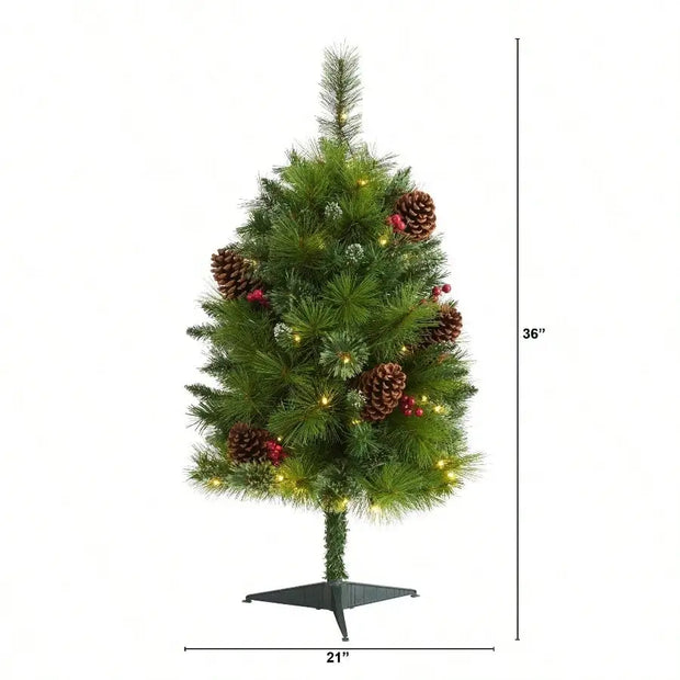3FT Pre-Lit Artificial Pine Tree with Pinecones & Berries - 50 White LED Lights for Holiday Home Decor, Tabletop Christmas Tree