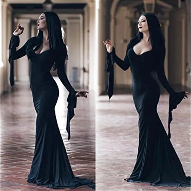 Addams Family Cosplay Wig Morticia Wendesday Wigs Black Long Straight Hair Heat Resistant Synthetic Halloween Party Woman Wigs