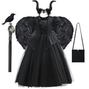 Maleficent Costume for Girls Halloween Witch Cosplay Black Witch Short Sleeve Cute New Horror Dress Accessories Set