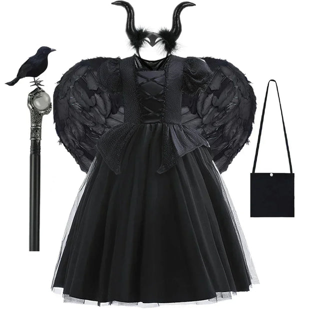 Maleficent Costume for Girls Halloween Witch Cosplay Black Witch Short Sleeve Cute New Horror Dress Accessories Set