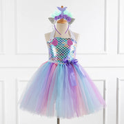 Kids Girls Cosplay Party Dress Princess Dress Up Mermaid Tulle Tutu Dresses Theme Birthday Party Costume with Flower Headband
