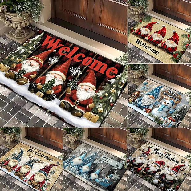 Christmas Gnome Door Mat Plaid Pattern Welcome Rug Festive Home Decor Mat Waterproof Non Slip Floor Protector for Xmas Entrance