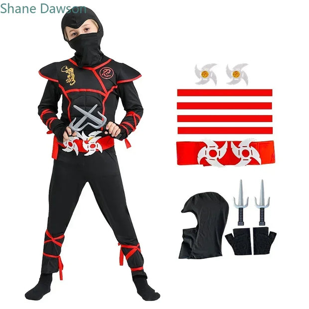 Boys Girls Ninja Cosplay Costume for Kids Anime Samurai Costume Kung Fu Dragon Ninja Jumpsuit With Weapon Outfit Party Halloween