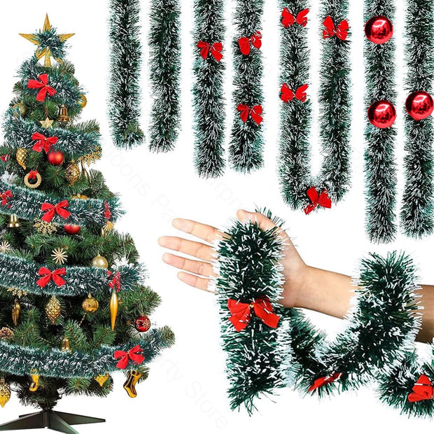 Christmas Garland Decorations 6.5FT Green Christmas Hanging Garland Red Bows Balls Ornaments Xmas Tree Home Party Decor New Year