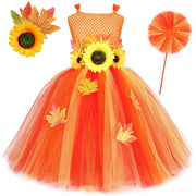 Fall Woodland Fairy Costume for Girls Orange Maple Leaves Sun Flower Fairy Tutu Dress with Wings Wand Kids Halloween Costumes