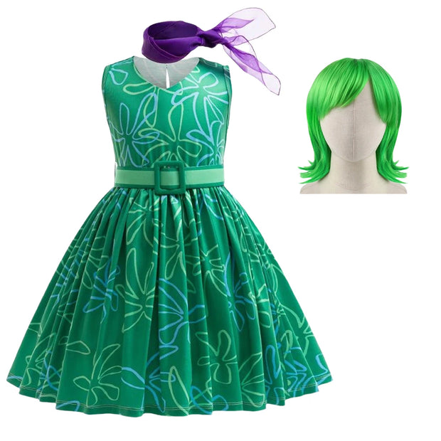 Inside Out Joy Cosplay Costume Princess Dress+Wig+Hairpin For Kids Girls Halloween Carnival Birthday Happiness Dress Up