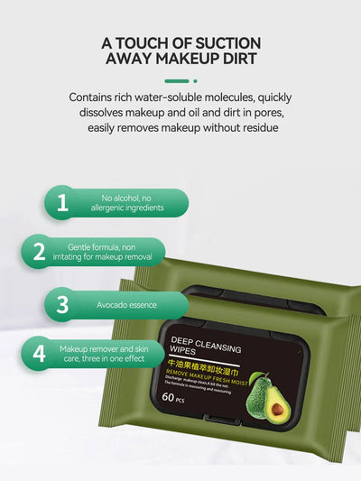 Avocado Makeup Remover Towel - Large Volume 60pcs, 3-in-1 Gentle Deep Cleansing for Eyes, Lips & Face,One-time makeup remover