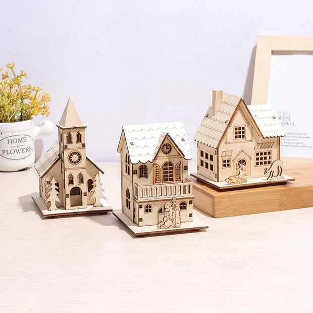 DIY Merry Christmas Decorations Mini Wooden House Luminous Cabin Christmas Tree Hanging Xmas Ornaments New Year Kids Gift