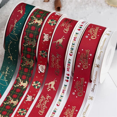 New 10/15/25mm 15 Meters Christmas Ribbon Printed Grosgrain Ribbon Tape For Handmade Design Christmas Decoration Gift Packing
