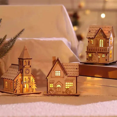 DIY Merry Christmas Decorations Mini Wooden House Luminous Cabin Christmas Tree Hanging Xmas Ornaments New Year Kids Gift