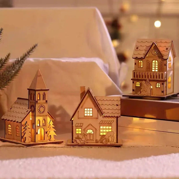 DIY Merry Christmas Decorations Mini Wooden House Luminous Cabin Christmas Tree Hanging Xmas Ornaments New Year Kids Gift