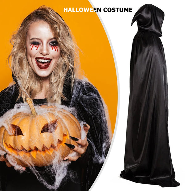 Sorcerer Long Shirt Hooded for Adults and Children Halloween Cosplay Costumes Black Vampire Death Wizard Witch Robe Devil Dress