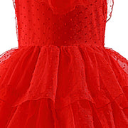 Lydia Deetz Red Horror Ghost Bride Cosplay Dress Girls Tulle Gown+Veil+Gloves For Kids Halloween Christmas Party Dress Up 3-14Y