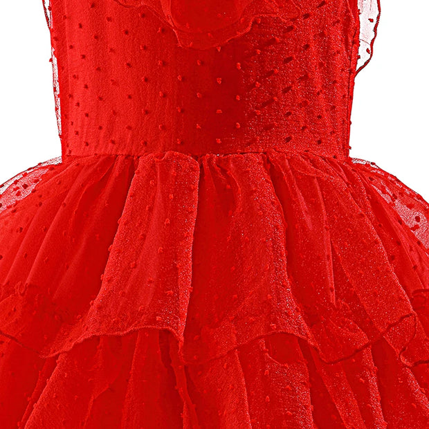 Lydia Deetz Red Horror Ghost Bride Cosplay Dress Girls Tulle Gown+Veil+Gloves For Kids Halloween Christmas Party Dress Up 3-14Y