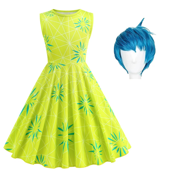 New Joy Inside Cosplay Out Dress Girls Birthday Carnival Party Outfit Children Halloween Role Playing Print Clothing