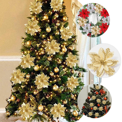 Christmas tree Flower Artificial Glitter Flowers Poinsettia Xmas Tree Ornament Garland golden Flowers adorn Christmas Party deco