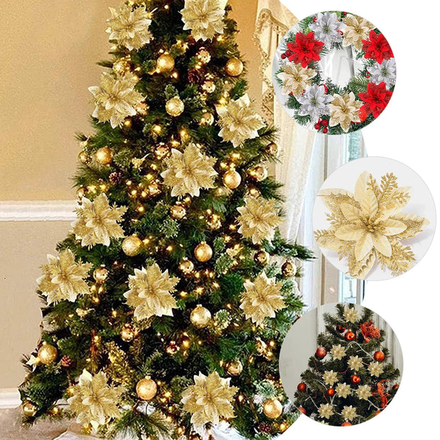 Christmas tree Flower Artificial Glitter Flowers Poinsettia Xmas Tree Ornament Garland golden Flowers adorn Christmas Party deco