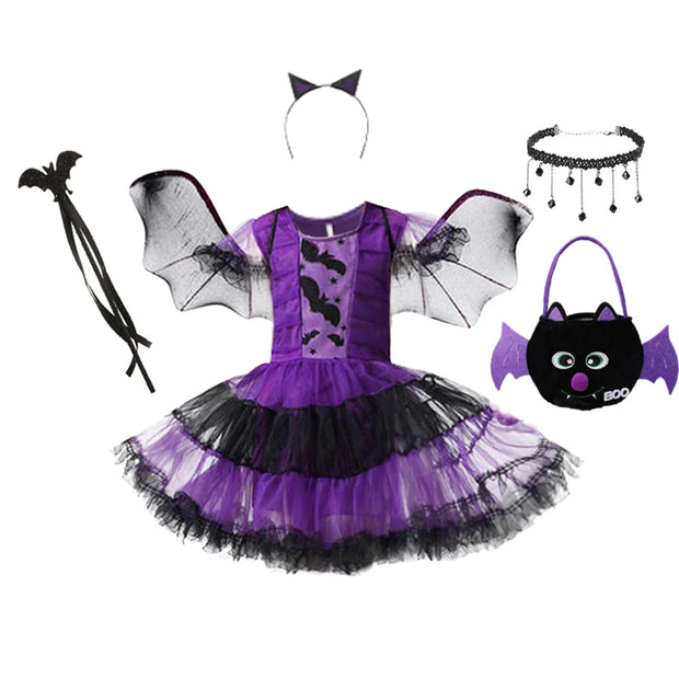 Girls Purple Bat Dress Kids Fancy Cosplay Vampire Demon Costume With Wing Headwear Halloween Carnivat Witch Role Play Clothes