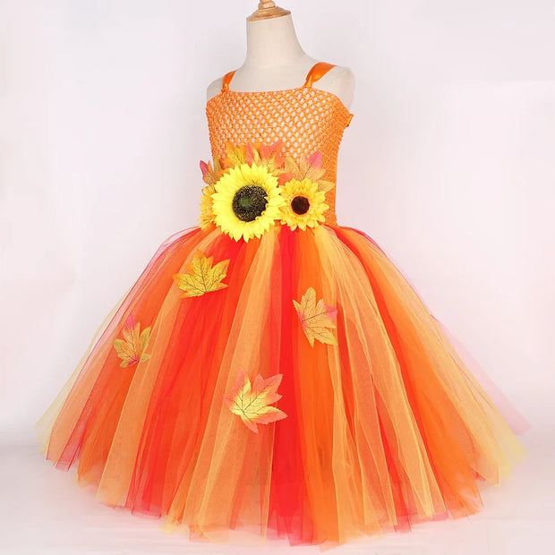 Fall Woodland Fairy Costume for Girls Orange Maple Leaves Sun Flower Fairy Tutu Dress with Wings Wand Kids Halloween Costumes