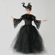 Halloween Maleficents Costume for Girls Evil Queen Dress Up Costumes Witch Devil Black Tulle Mesh Princess Dress Cosplay Clothes