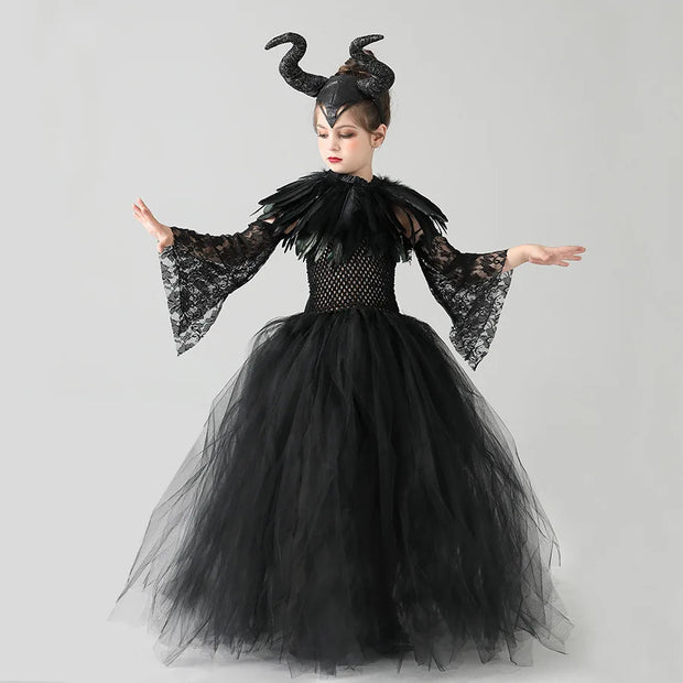 Halloween Maleficents Costume for Girls Evil Queen Dress Up Costumes Witch Devil Black Tulle Mesh Princess Dress Cosplay Clothes