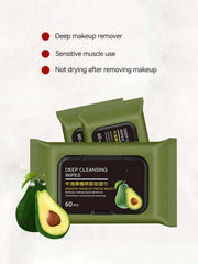 Avocado Makeup Remover Towel - Large Volume 60pcs, 3-in-1 Gentle Deep Cleansing for Eyes, Lips & Face,One-time makeup remover