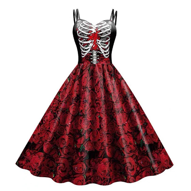 Halloween Cosplay dark Black Rose Skull Dress Women Costume Sleeveless Vintage Party Dresses Skull Witch Scary Girls Clothings