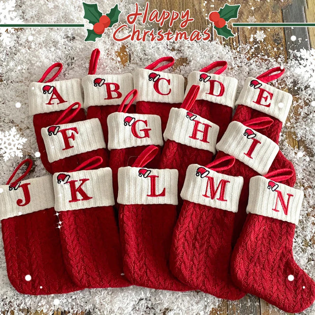 Christmas Stockings Xmas Gift Knitting Socks Pendant Red A-Z Letter Hanging Stock Christmas Tree Decor Ornament Navidad Gift Bag
