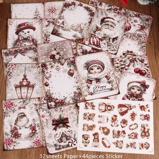 56pieces(12 A5 papers and 44stickers)Christmas Classic DIY Decoupage Paper Kit, for Scrapbooking, Christmas Collage Decoration