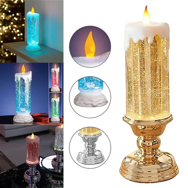 2025 New LED Christmas Candle LED Flameless Candle Light Swirling Glitter Colorful Fantasy Crystal Night Lights Xmas Party Home