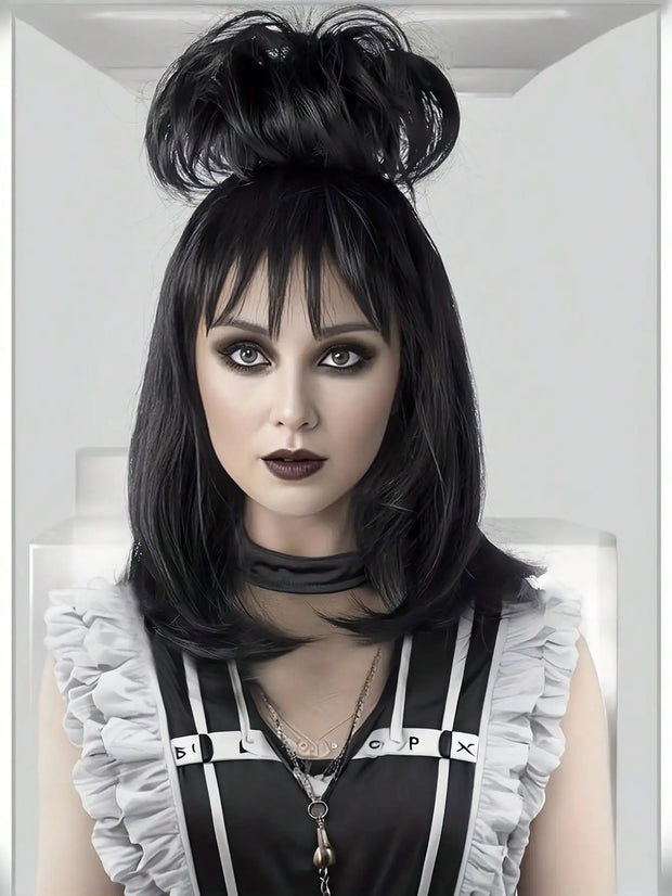 Black Lydia Deetz Cosplay Wig With Buns Corpse Bride Gothic Costume Wigs For Women Halloween Party Beetlejuice Costume Women Wig