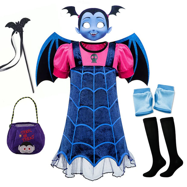 Girls Cosplay Vampirina Princess Dress Kids Charms Dress Up Christmas With Wings Vampire Halloween Costume Child Carnival Party
