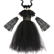 Halloween Maleficents Costume for Girls Evil Queen Dress Up Costumes Witch Devil Black Tulle Mesh Princess Dress Cosplay Clothes