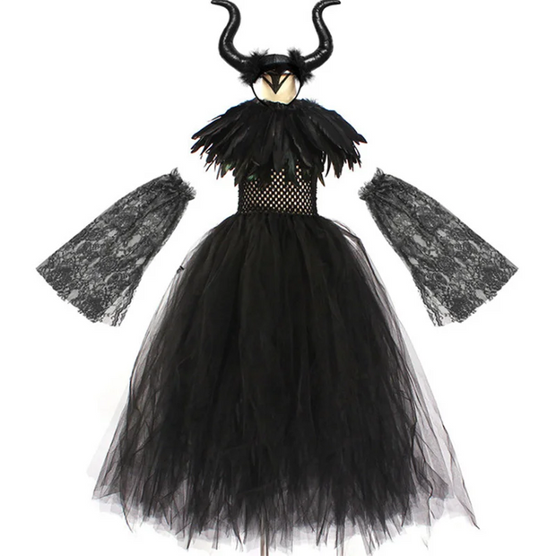 Halloween Maleficents Costume for Girls Evil Queen Dress Up Costumes Witch Devil Black Tulle Mesh Princess Dress Cosplay Clothes