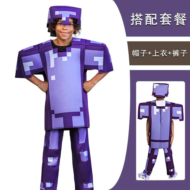 Kids Cosplay Diamond Armor Game Character Steve Cosplay Costumes 3 Pieces Set Blue Outfits Dress Up Set for Halloween