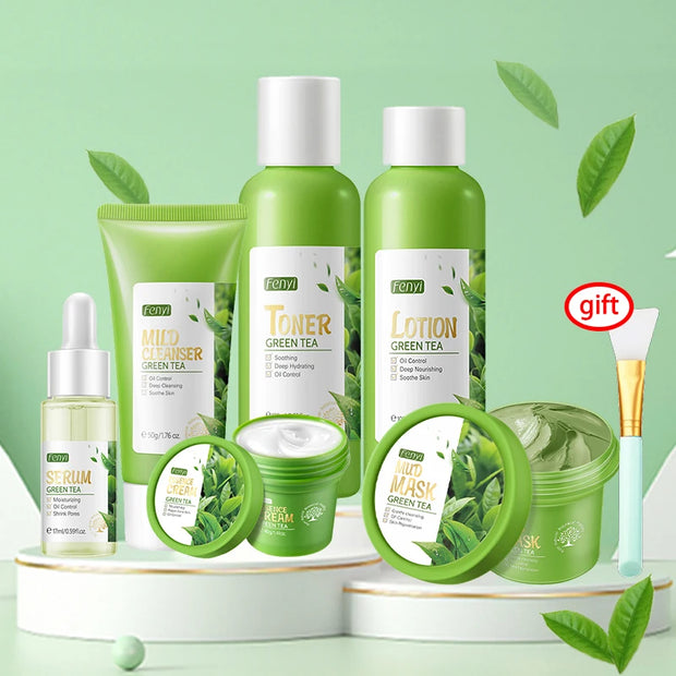 Green Tea Skin Care Set Oil Control fresh Serum Day Cream Repair Face Nourish Toner Cleaning Mud Mask Skin Care suit