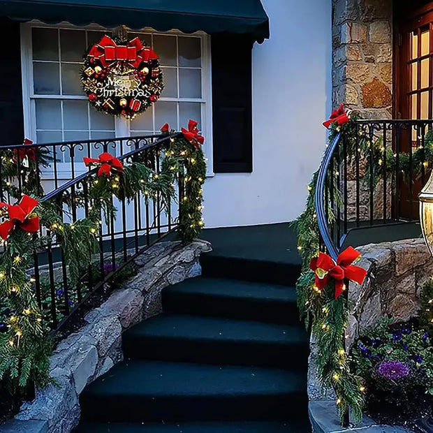 Artificial Merry Christmas Wreath with Bow Christmas Door Hanging Rattan Ornament Garland Christmas Suitable for Home Decoration
