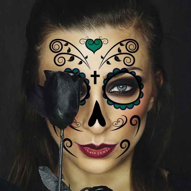 6Sheets Day of the Dead Sugar Skull Temporary Face Tattoos, Halloween Themed Fake Tattoo Stickers with Spider Web Designs