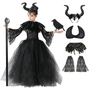 Halloween Maleficents Costume for Girls Evil Queen Dress Up Costumes Witch Devil Black Tulle Mesh Princess Dress Cosplay Clothes