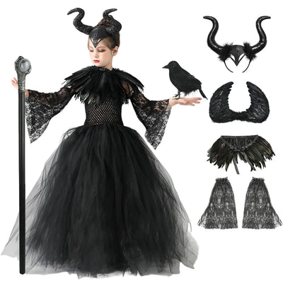 Halloween Maleficents Costume for Girls Evil Queen Dress Up Costumes Witch Devil Black Tulle Mesh Princess Dress Cosplay Clothes