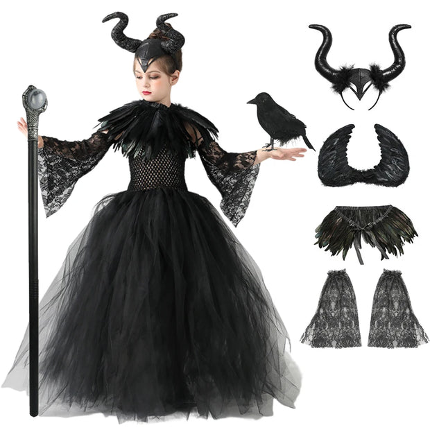 Halloween Maleficents Costume for Girls Evil Queen Dress Up Costumes Witch Devil Black Tulle Mesh Princess Dress Cosplay Clothes