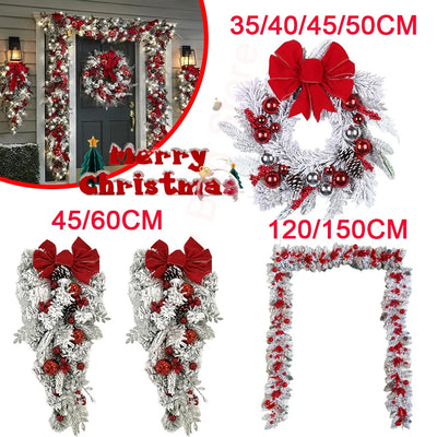 Christmas Wreath Rattan Set Christmas Decorations Bow Flower Garland For Front Door Hanging Christmas Ornaments New Year Decor