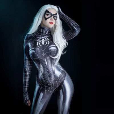 Sexy Black Cat Superhero Cosplay Costume Spider Women Halloween Costume Christmas Tights 3D Print Jumpuit Bodysuit Crotch Zipper