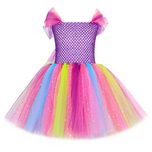 Girls Butterfly Fairy Tutu Dress with Wings Set Glitter Girls Rainbow Tulle Princess Dress Kids Halloween Birthday Party Costume