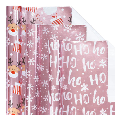 1 Roll Christmas Wrapping Paper Mini Roll, Pink Metallic Foil Shine Paper - Snowflakes/Santa Claus/HO Print for Gift Wrap, Arts
