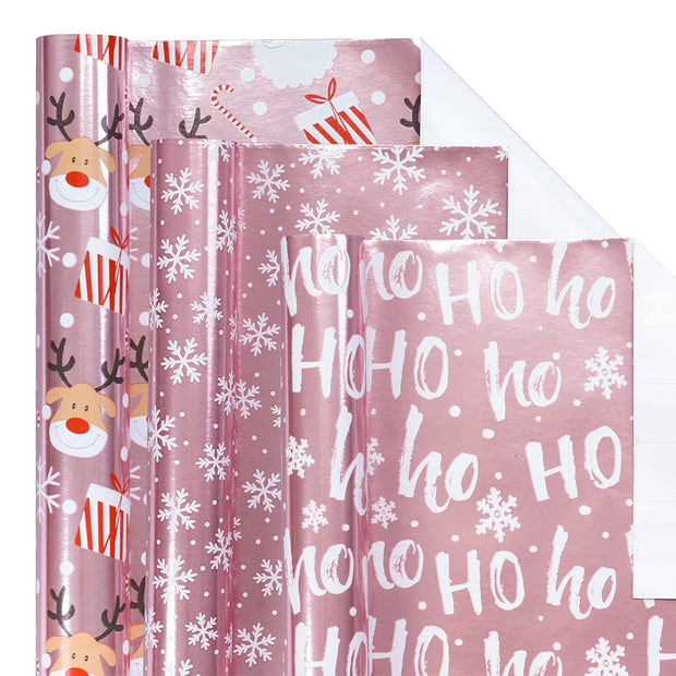 1 Roll Christmas Wrapping Paper Mini Roll, Pink Metallic Foil Shine Paper - Snowflakes/Santa Claus/HO Print for Gift Wrap, Arts