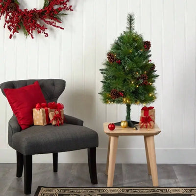 3FT Pre-Lit Artificial Pine Tree with Pinecones & Berries - 50 White LED Lights for Holiday Home Decor, Tabletop Christmas Tree