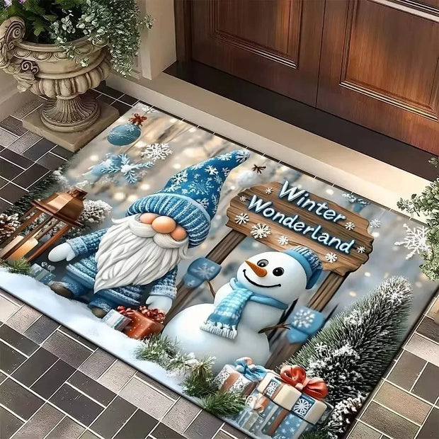 Christmas Gnome Door Mat Plaid Pattern Welcome Rug Festive Home Decor Mat Waterproof Non Slip Floor Protector for Xmas Entrance